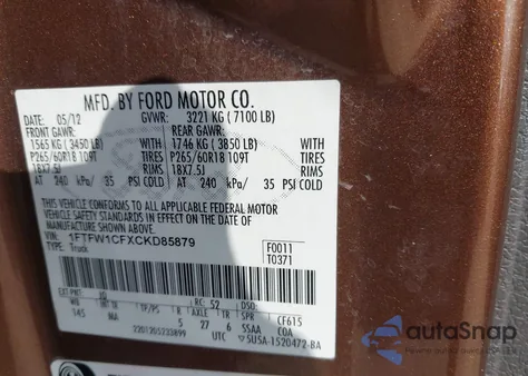 2012 Ford F-150 Xlt из США, поврежденный, VIN 1FTFW1CFXCKD85879